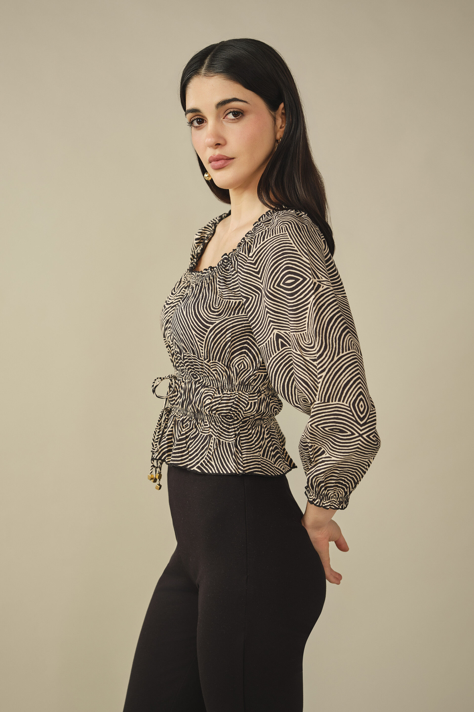 Abstract Printed Smocked Top in Black, Black, image 5